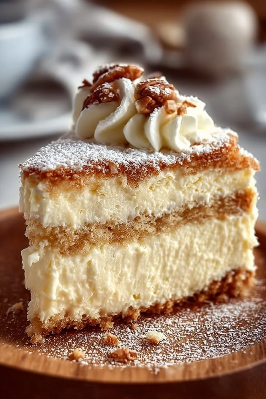 Delicious slice of Italian Cream Cheese Cake with creamy frosting and decorative toppings