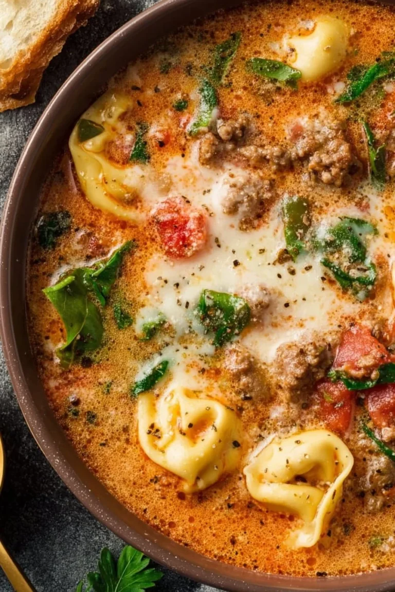 Bowl of Italian Sausage Tortellini Soup garnished with herbs and cheese
