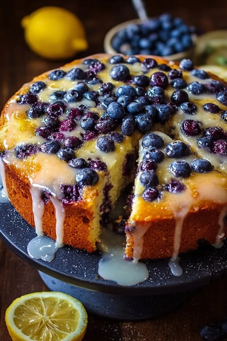 A slice of Lemon Blueberry Bliss Cake garnished with fresh blueberries and lemon slices.