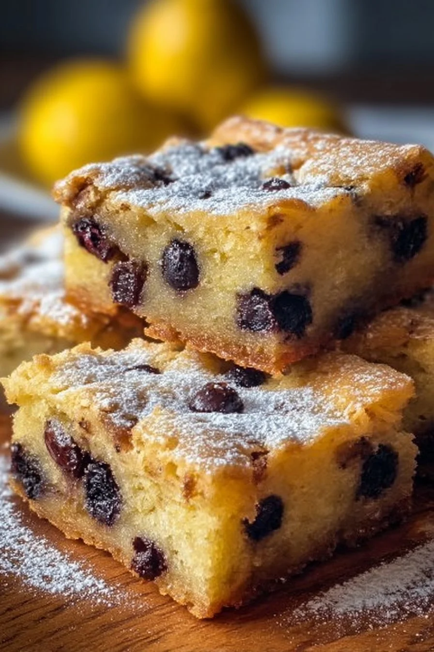 Lemon Blueberry Blondies cooked to golden perfection with lemon zest and blueberries.