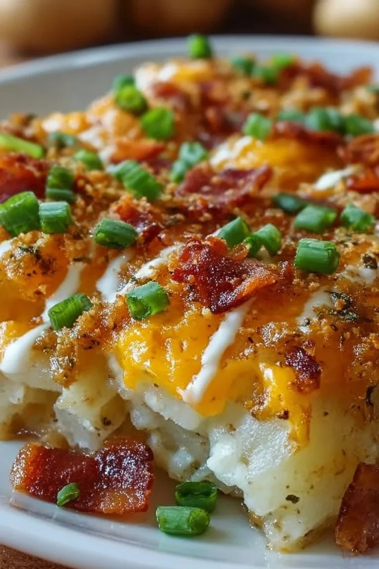 Loaded baked potato casserole topped with cheese and bacon