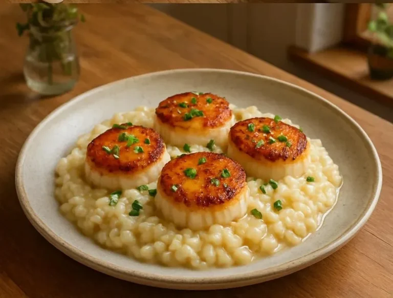 Delicious brown butter scallops served with creamy risotto on a white plate.