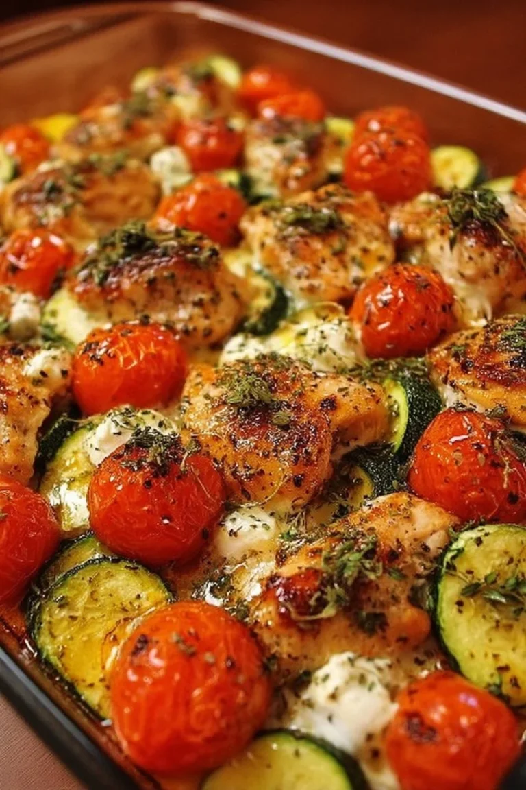 Mediterranean Chicken Zucchini Bake with herbs and colorful vegetables