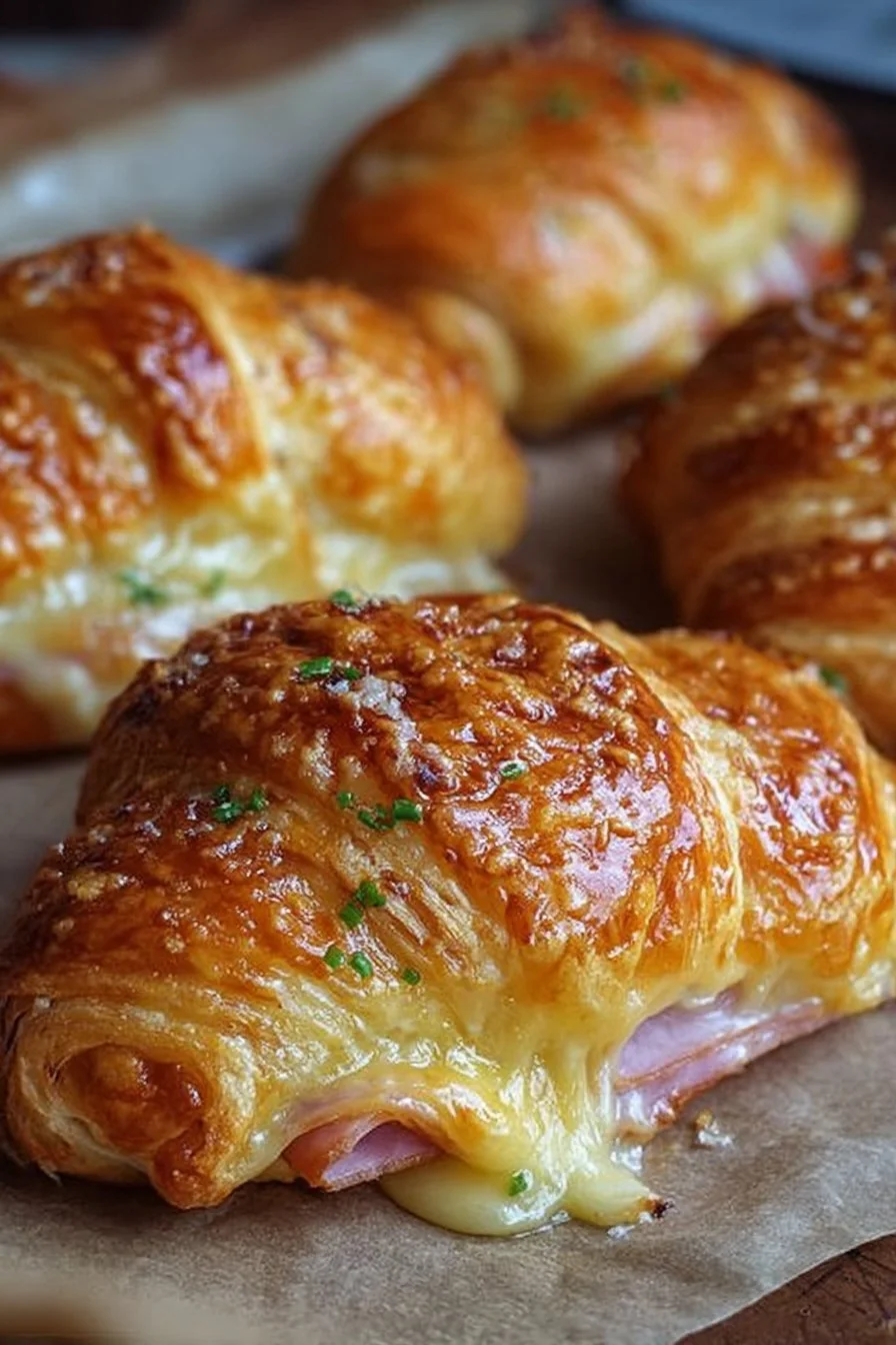 Delicious melty baked ham and cheese croissants on a plate