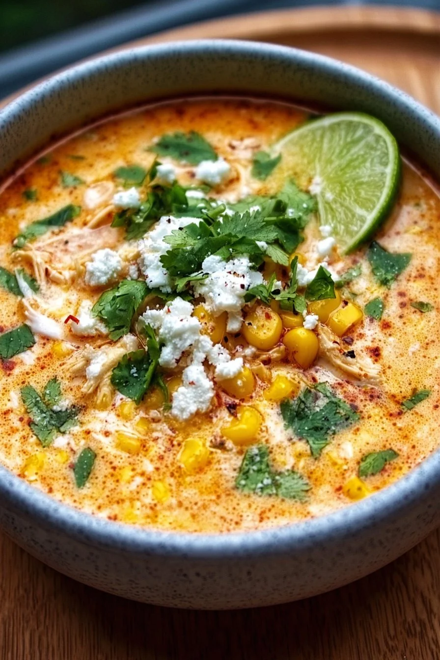Bowl of Mexican street corn soup topped with cilantro and lime