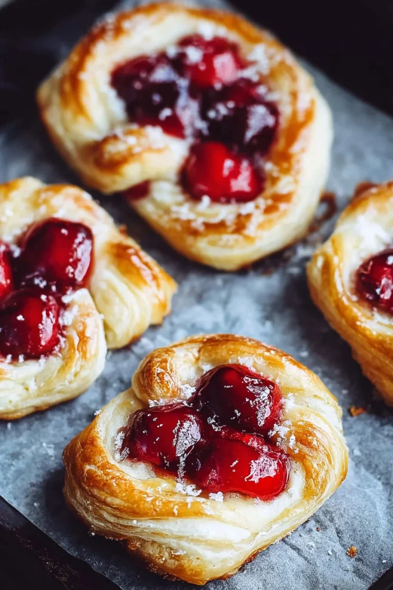 Freshly baked mini Cherry Cheese Danishes on a tray