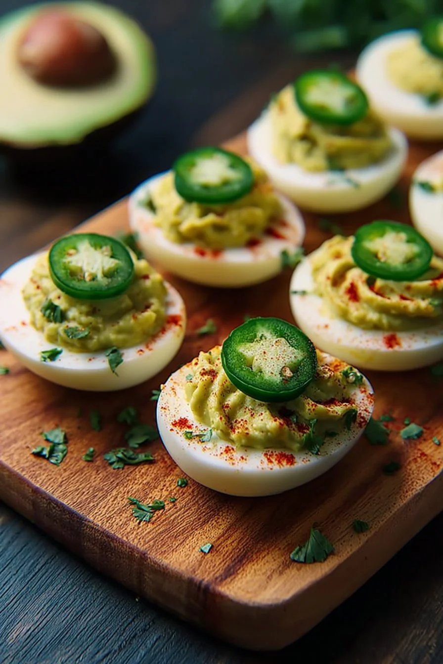 Modern deviled eggs topped with avocado and sriracha sauce