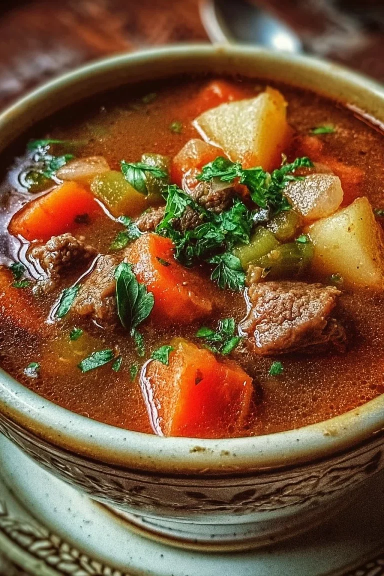 Bowl of Mom's comforting old-fashioned vegetable beef soup with fresh vegetables and beef.