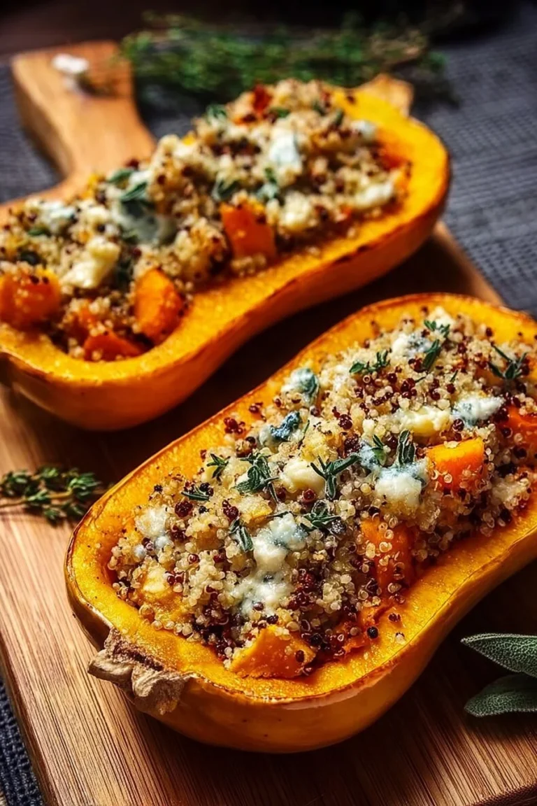 Nutritious stuffed butternut squash filled with vegetables and grains.