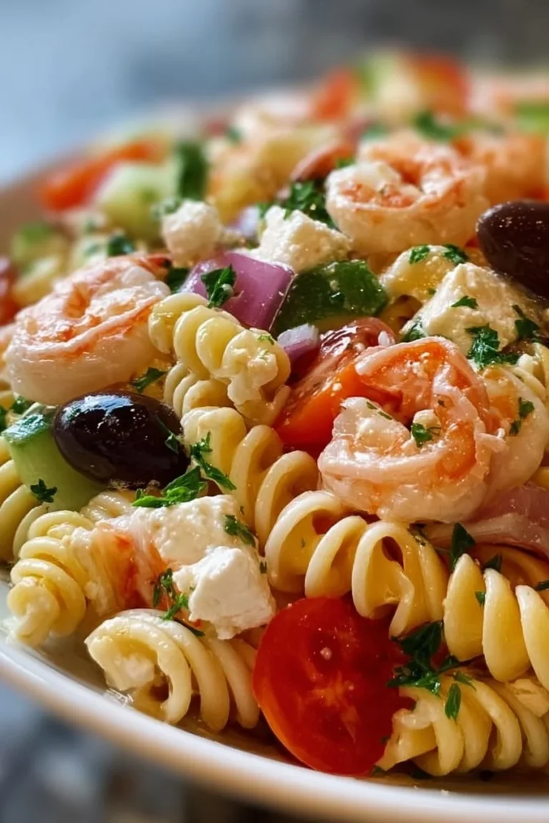 Delicious Ocean's Delight seafood pasta salad with a variety of seafood ingredients
