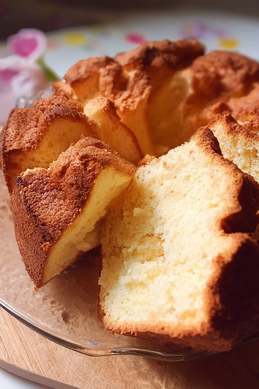 Delicious old-fashioned sour cream pound cake on a serving plate