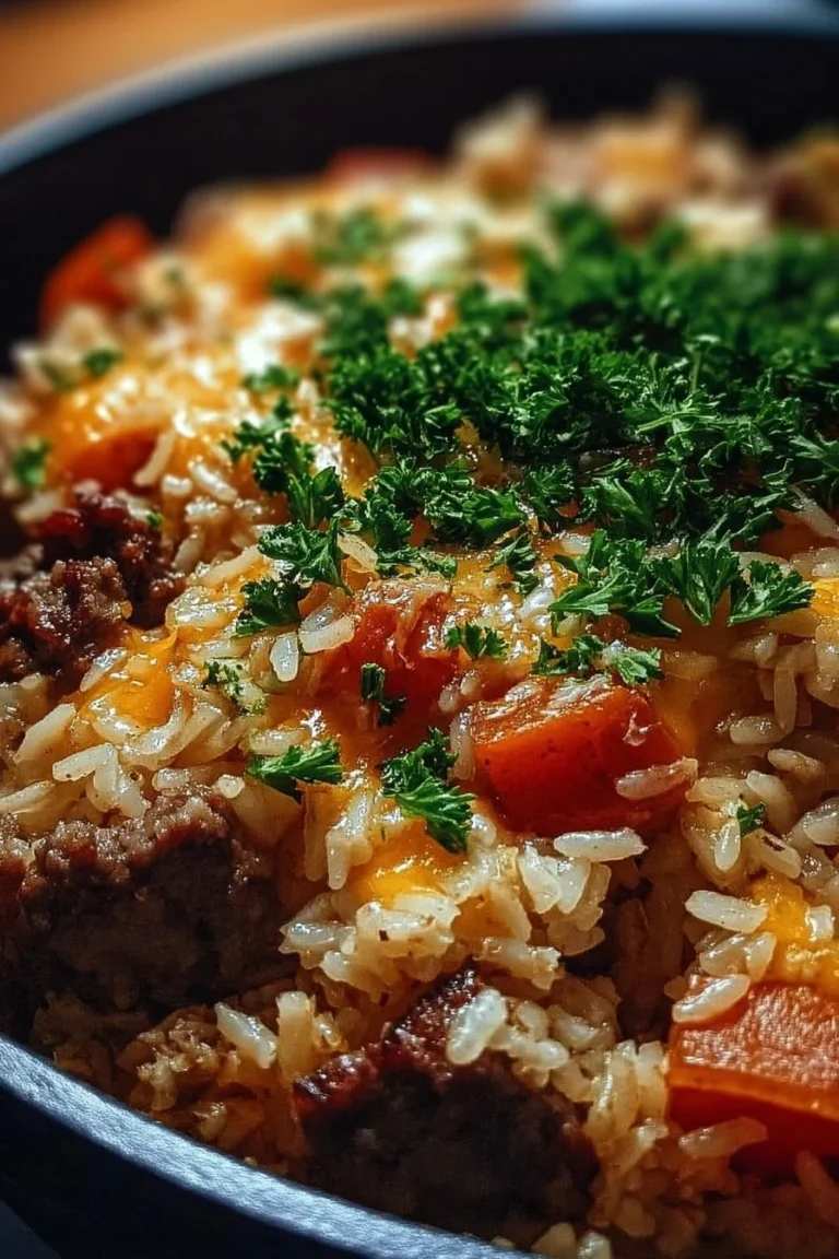 One-Pot Beef and Rice Casserole dish ready to serve
