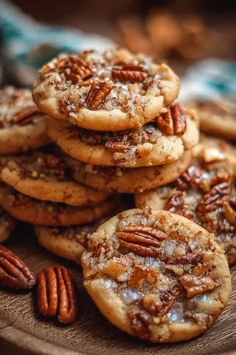 Homemade pecan pie cookies topped with pecans and caramel drizzle