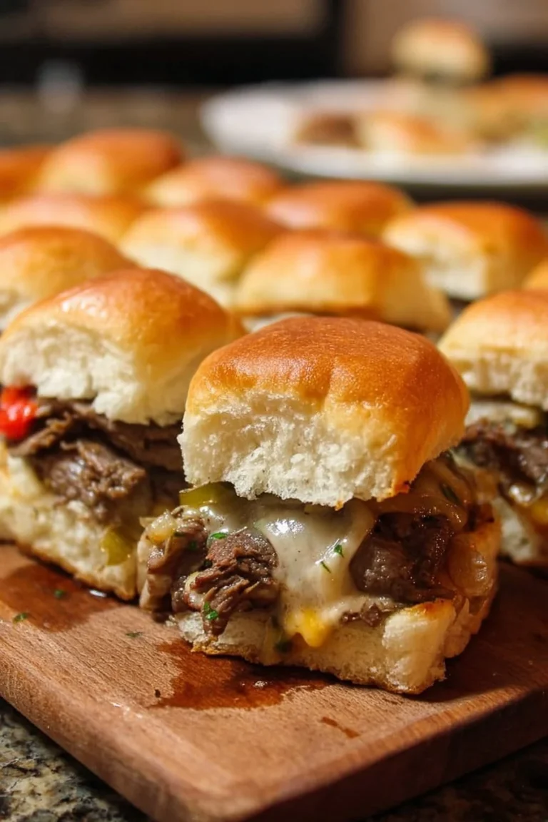 Plate of delicious Philly Cheesesteak Sliders with melted cheese and toppings.