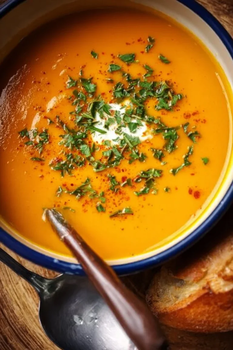 Bowl of creamy pumpkin soup garnished with herbs and spices