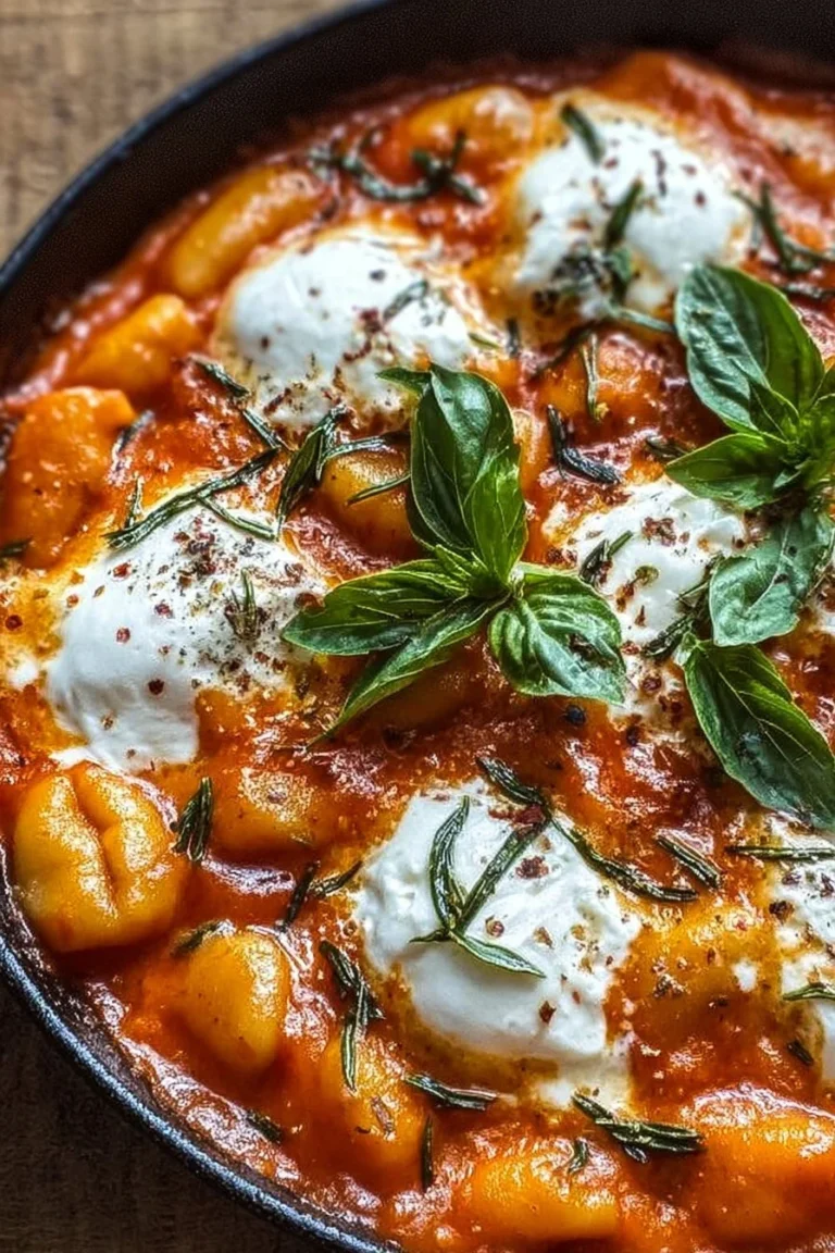 Creamy tomato gnocchi with burrata served in a bowl, ready to eat.