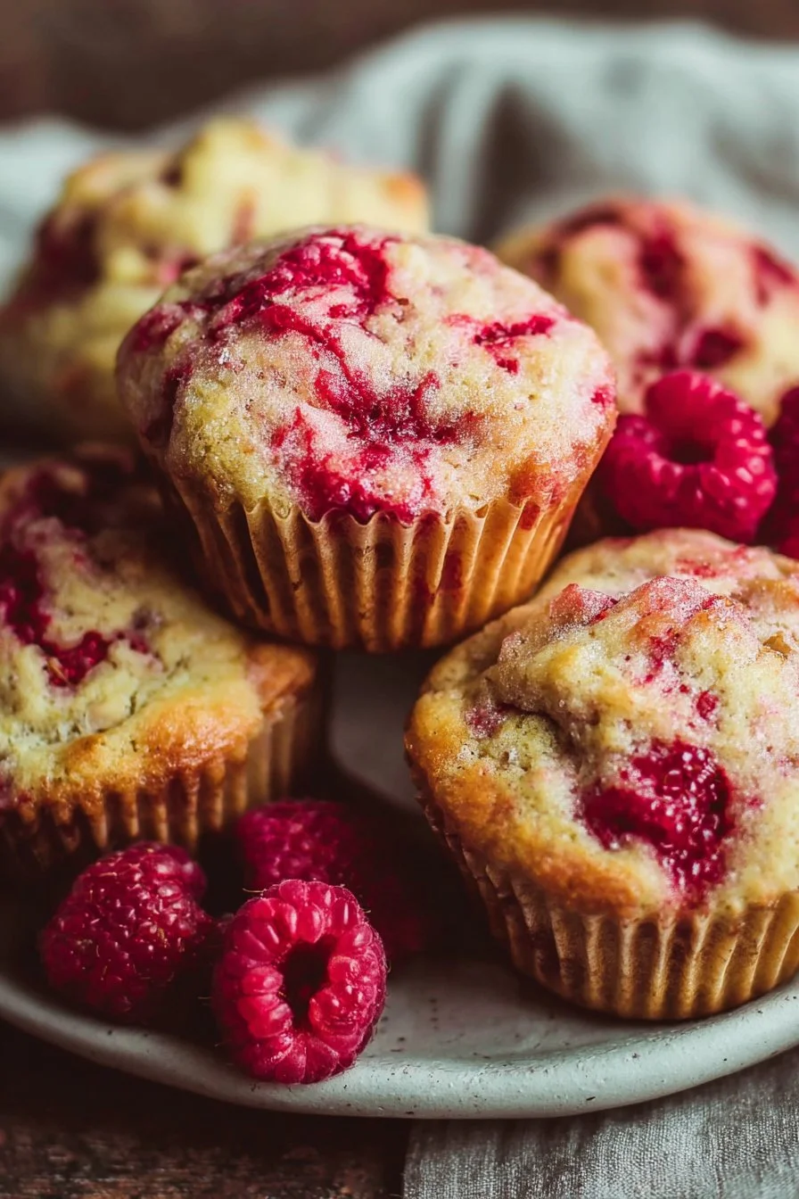 Freshly baked raspberry muffins on a rustic wooden table