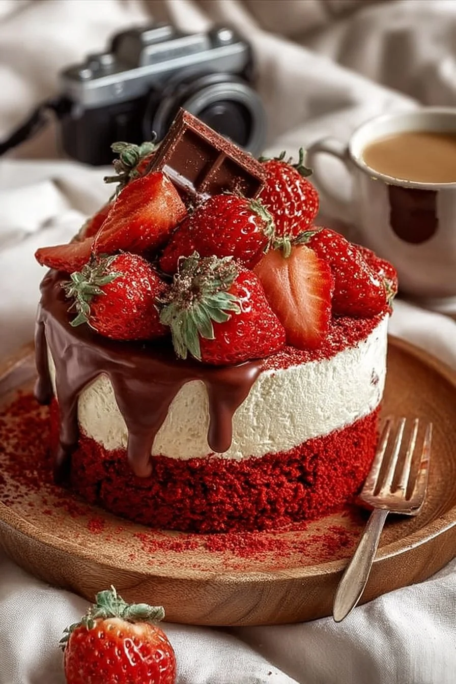 Red Velvet Strawberry Cheesecake topped with fresh strawberries