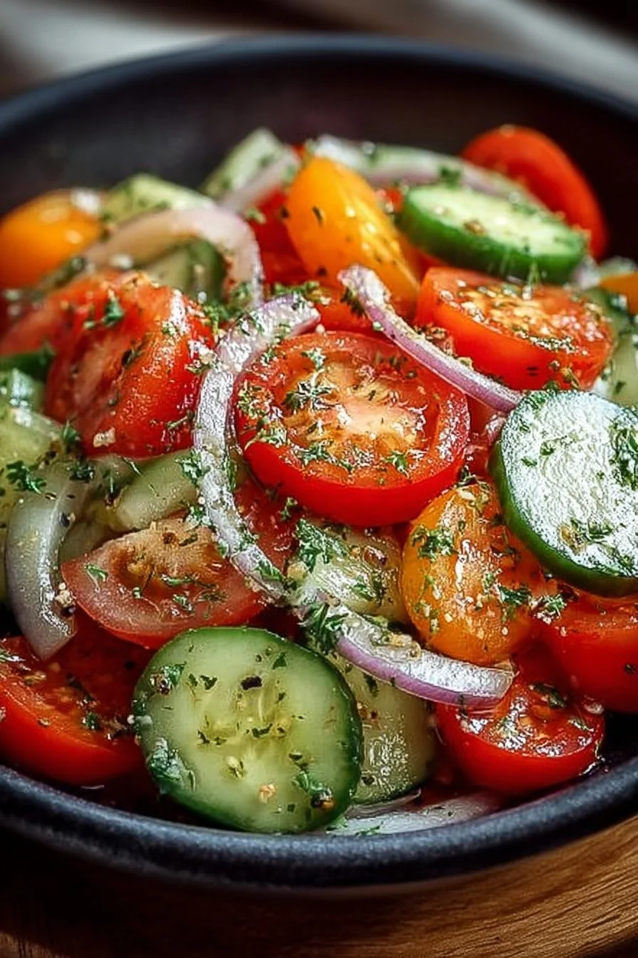Fresh cucumber tomato salad served in a bowl for summer dining