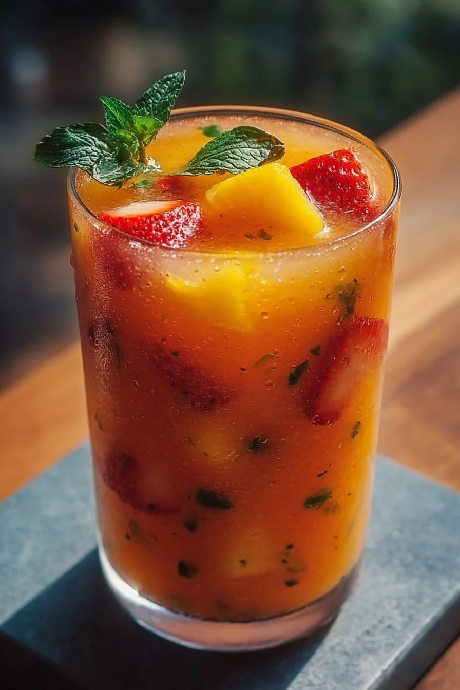 Glass of refreshing mango strawberry lemonade with ice and fresh fruit garnish