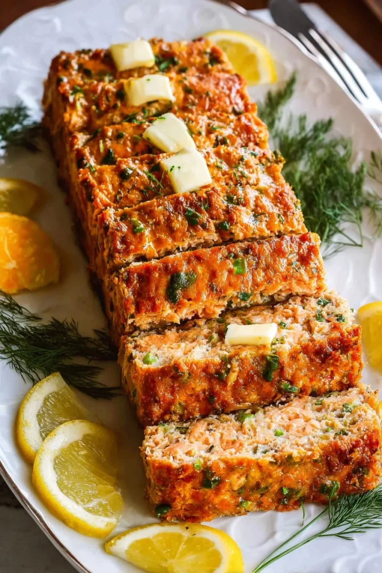 A beautifully plated salmon loaf garnished with herbs and served with lemon wedges.