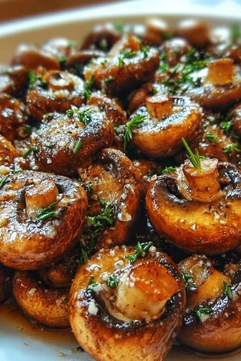 Savory buttery herb garlic mushrooms in a skillet, garnished with fresh herbs.