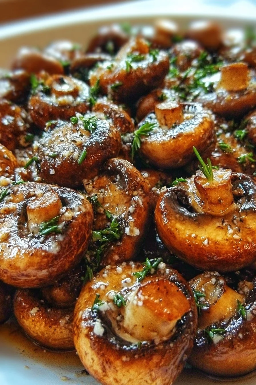 Savory buttery herb garlic mushrooms in a skillet, garnished with fresh herbs.