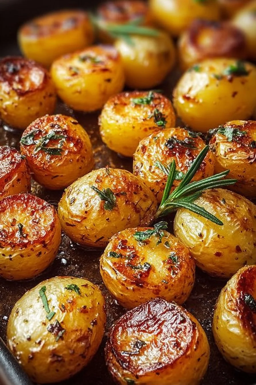 Savory garlic herb roasted potatoes garnished with fresh herbs
