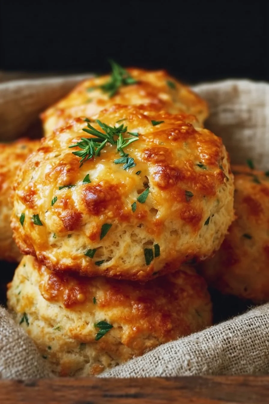 Freshly baked herb cheese scones on a wooden table