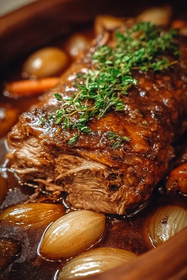 Juicy slow cooker balsamic pork roast garnished with herbs