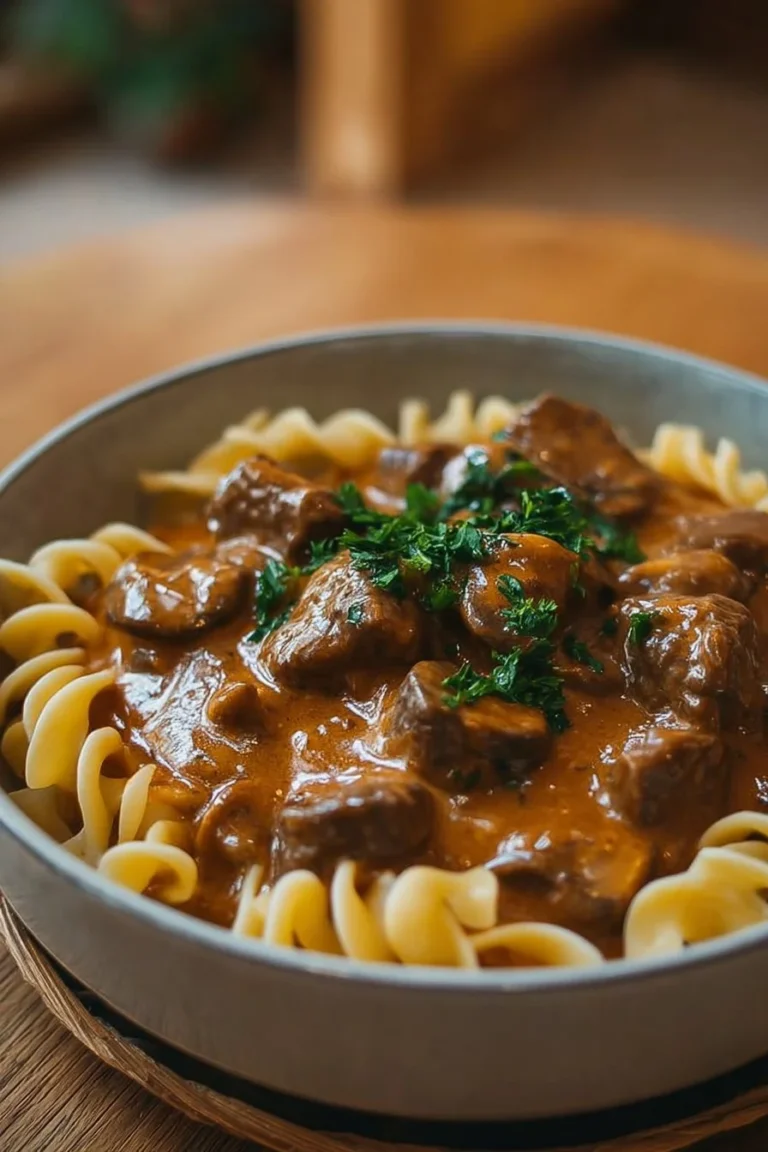 Delicious bowl of slow cooker beef stroganoff served with noodles