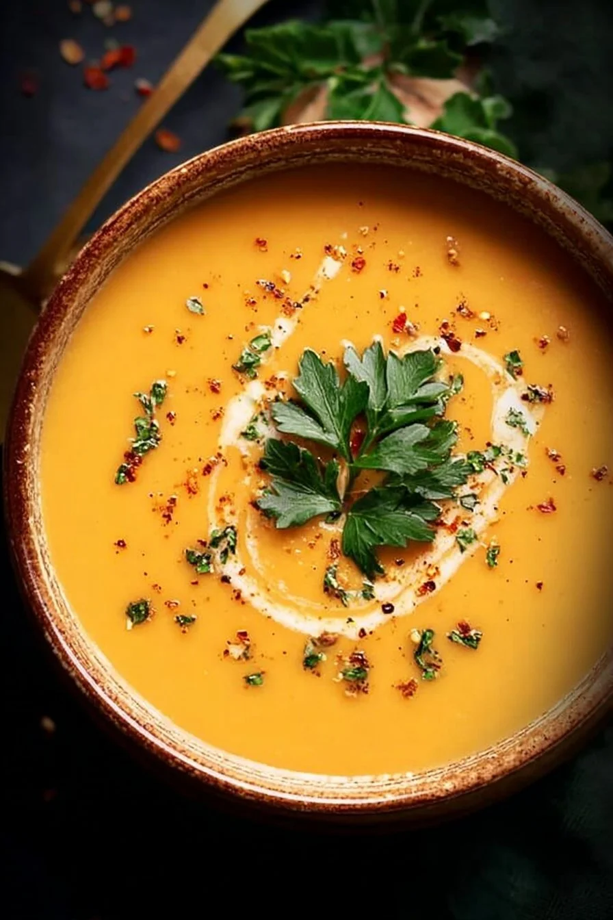 A bowl of spicy butternut squash sweet potato soup garnished with herbs.