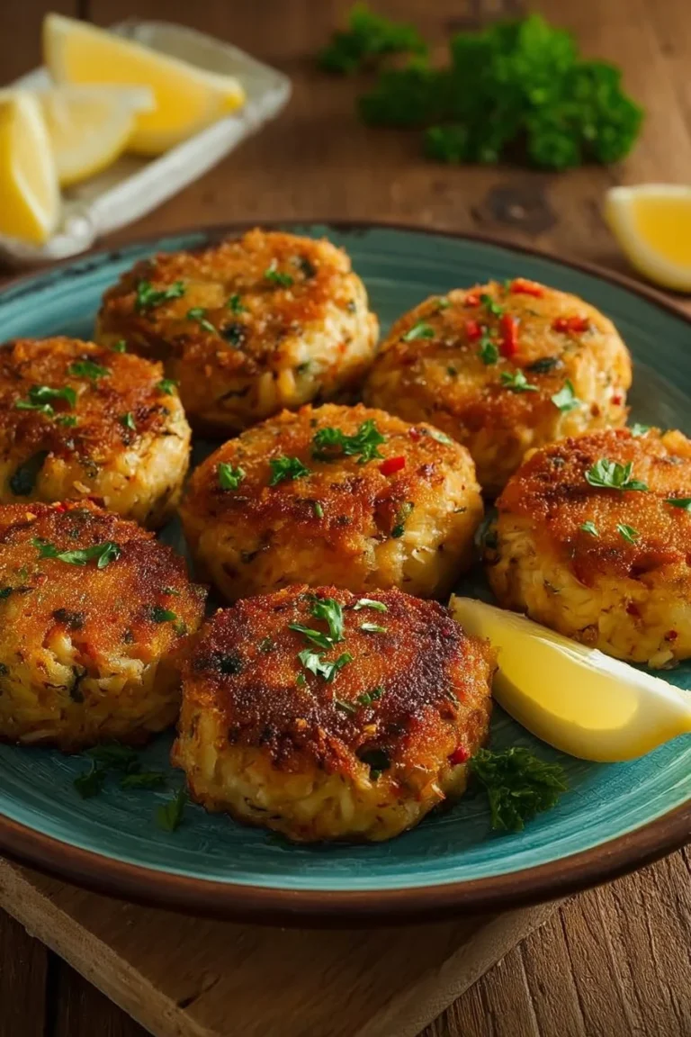Spicy Cajun crab cakes with dipping sauce, garnished with herbs