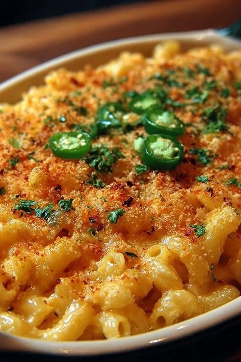Delicious spicy jalapeño mac and cheese topped with melted cheese and jalapeños
