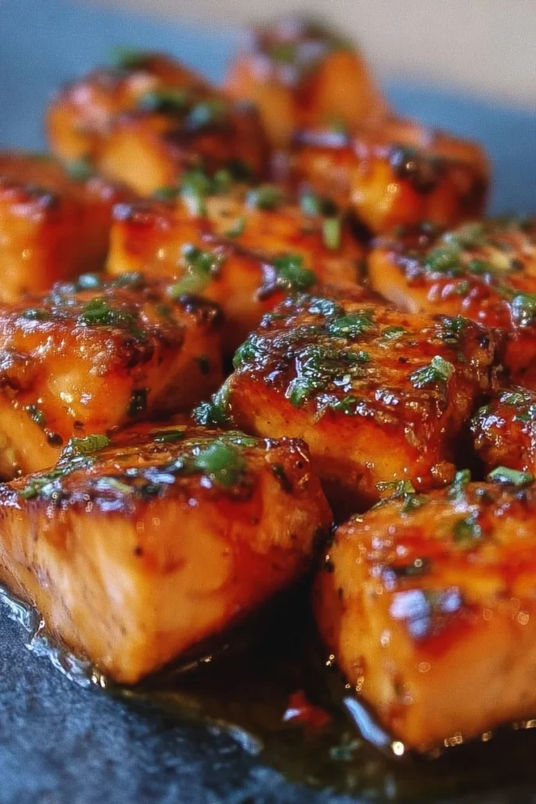 Plate of spicy sweet hot honey salmon bites garnished with herbs