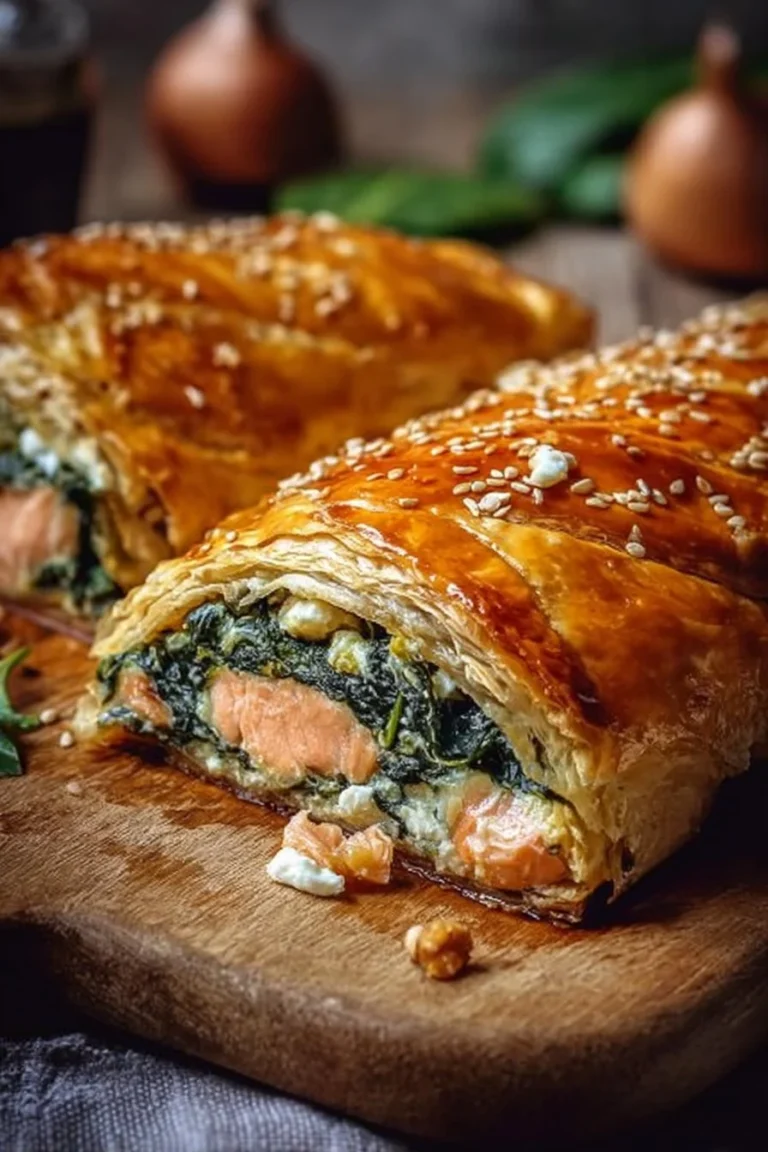 Spinach and Cheese Salmon Wellington, a savory pastry dish with tender salmon and spinach
