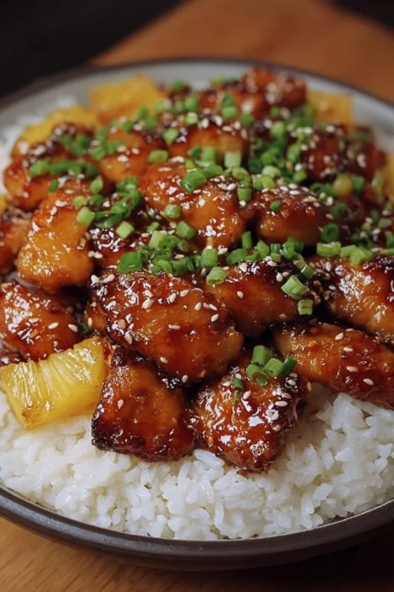 Delicious Sticky Teriyaki Pineapple Chicken served with vibrant vegetables.