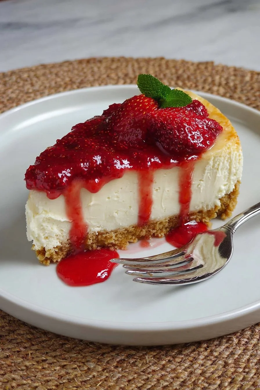 Delicious strawberry-glazed cheesecake topped with fresh strawberries.