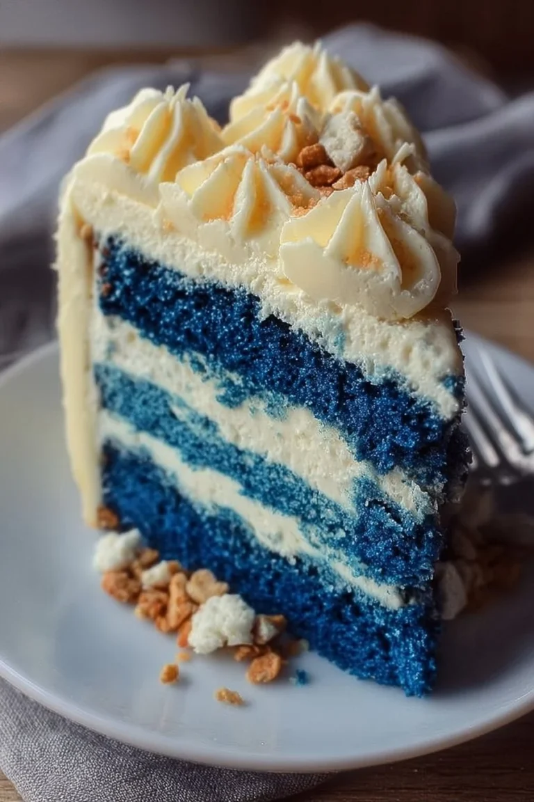 Beautiful Blue Velvet Cake with Cream Cheese Frosting on a decorative plate