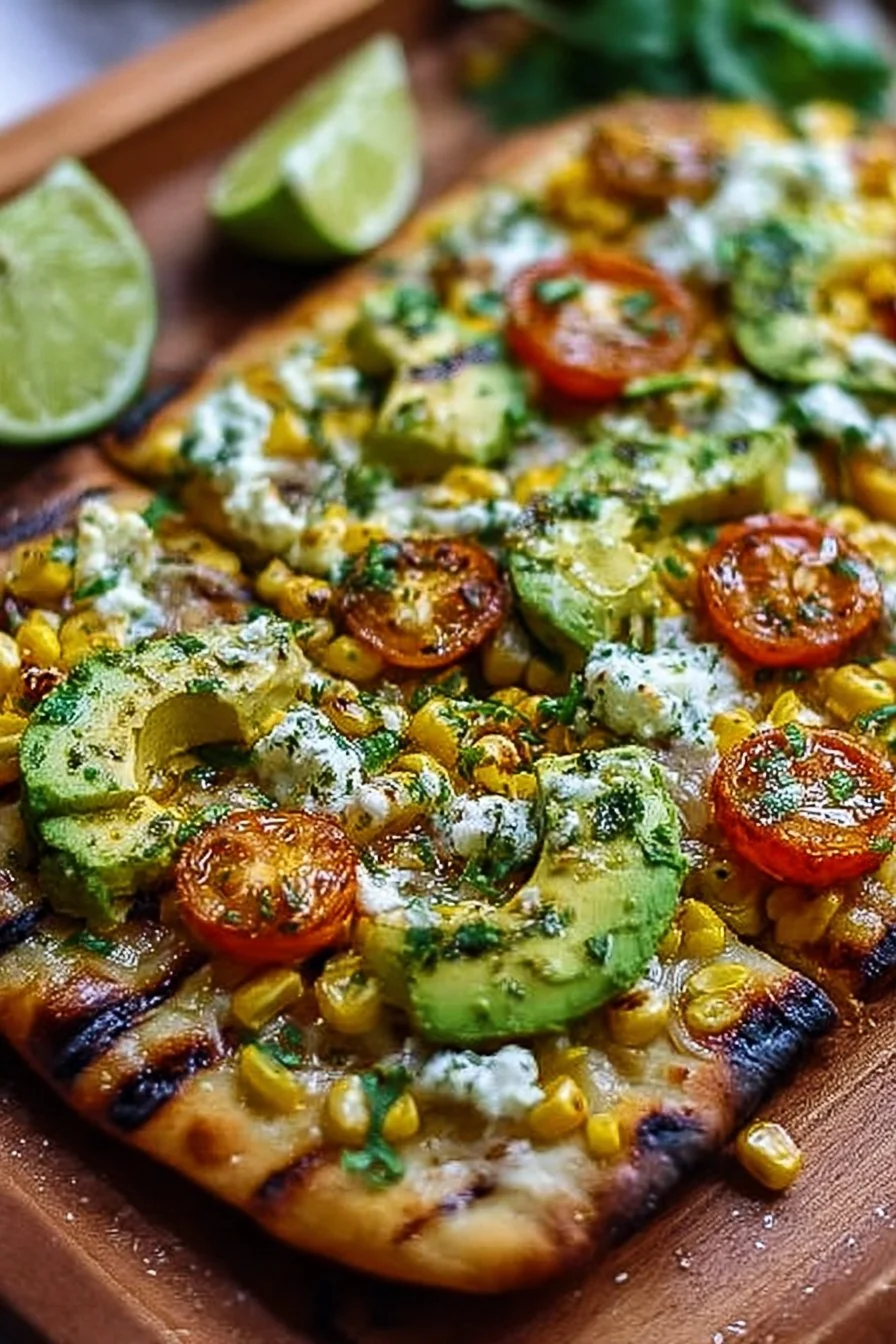 Grilled corn flatbread with avocado, a fresh summer dish.