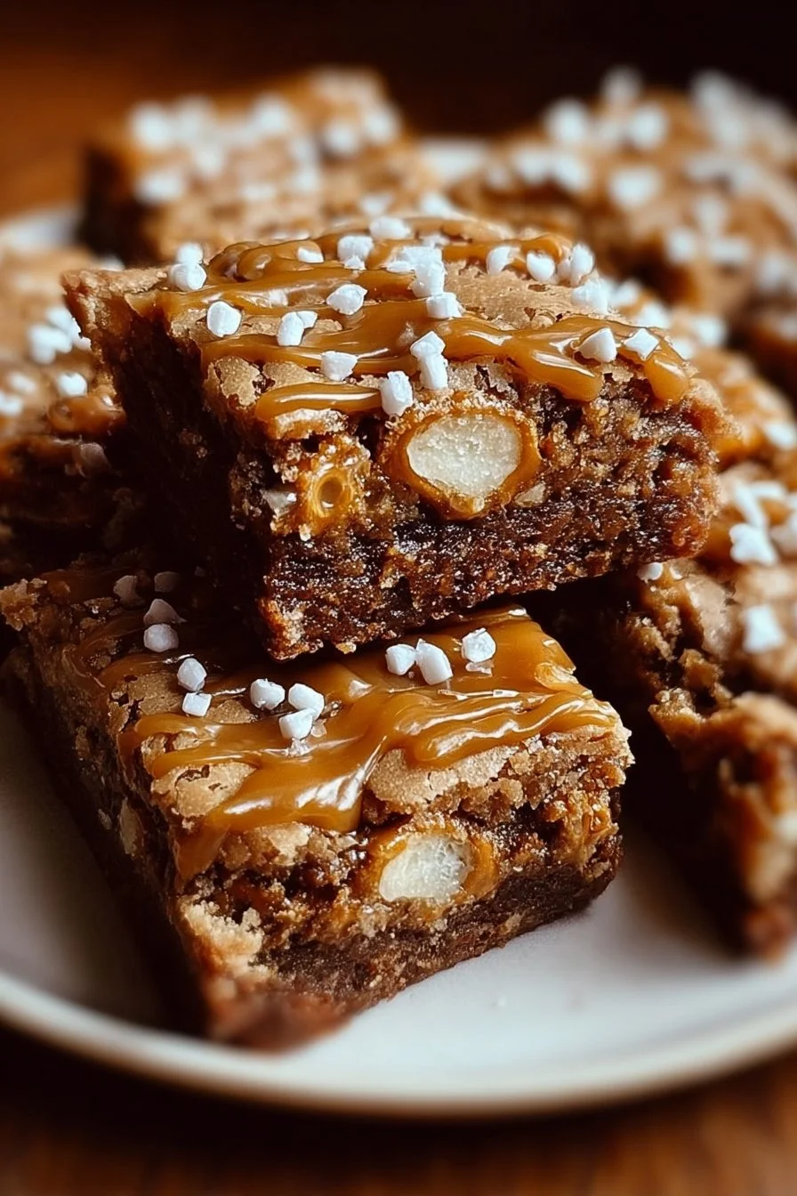Delicious salted caramel pretzel blondies with drizzled caramel and pretzel toppings