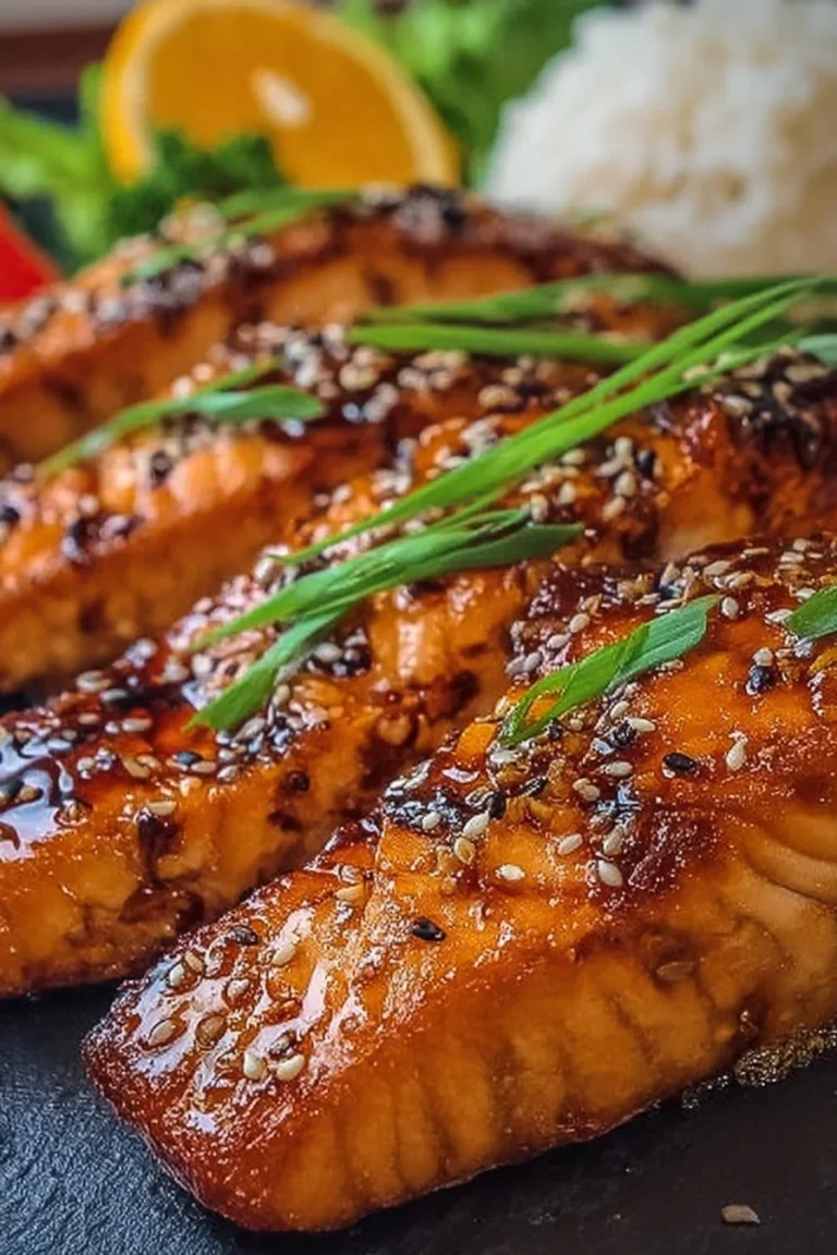 Honey glazed salmon dish with vibrant colors and garnished herbs