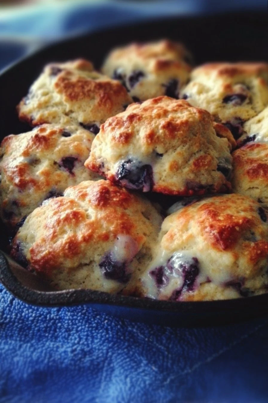 Freshly baked sweet blueberry biscuits on a wooden table