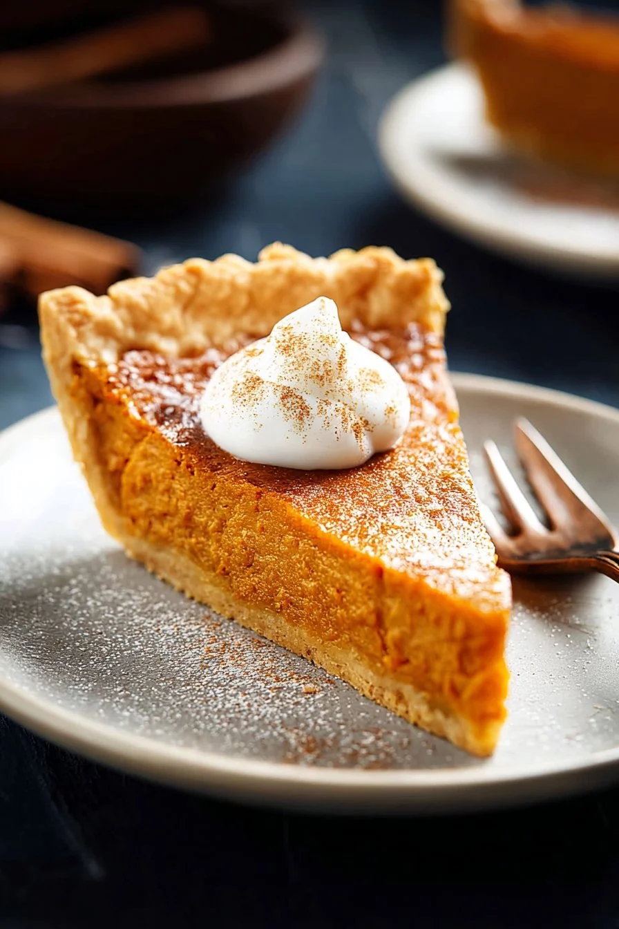 Delicious slice of homemade sweet potato pie with whipped cream