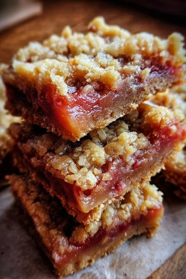 Delicious tangy rhubarb bliss bars on a rustic wooden table.