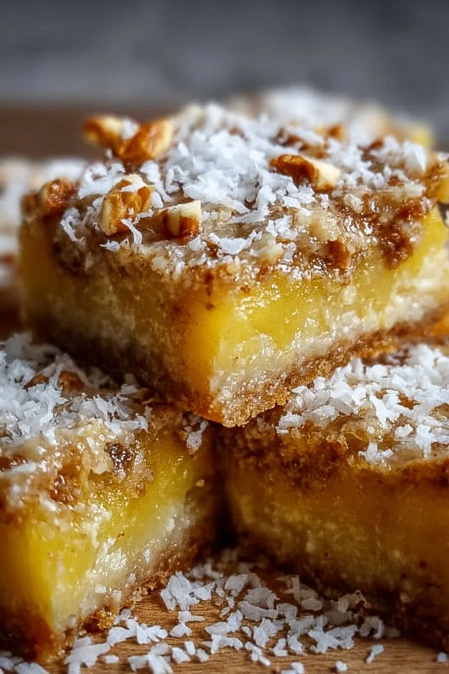 Tropical Pineapple Bliss Bars topped with coconut and fresh pineapple slices