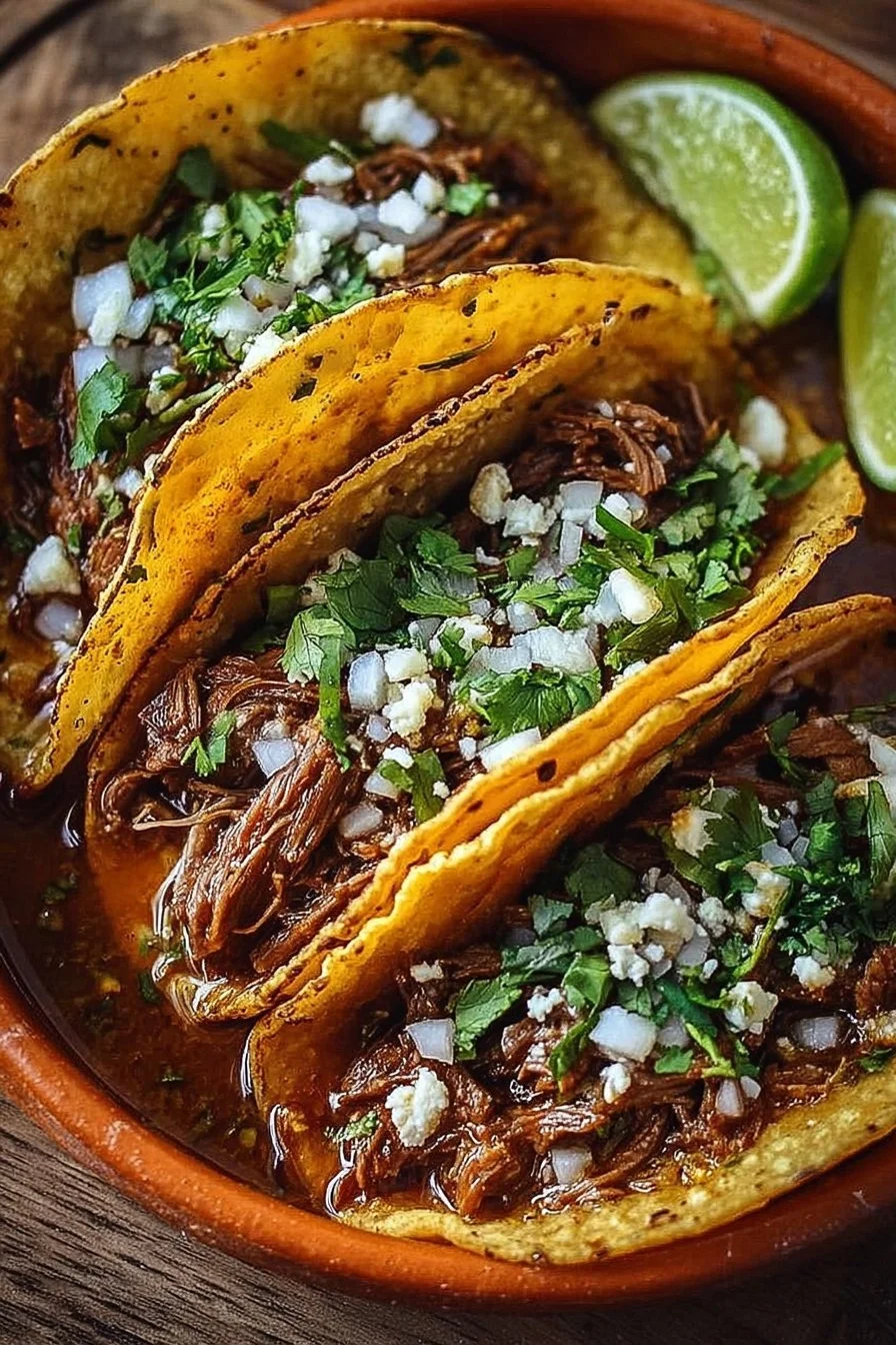 Delicious birria tacos served with rich consommé and fresh toppings.