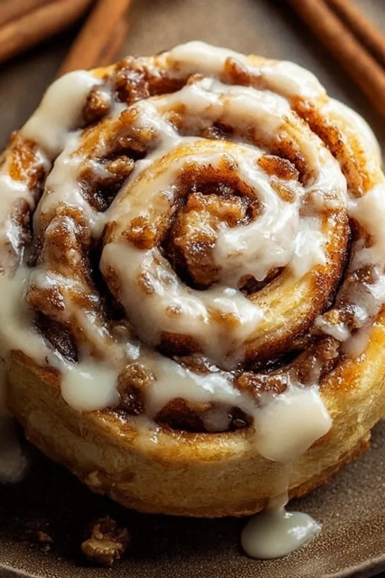 Freshly baked cinnamon rolls with icing on a wooden table