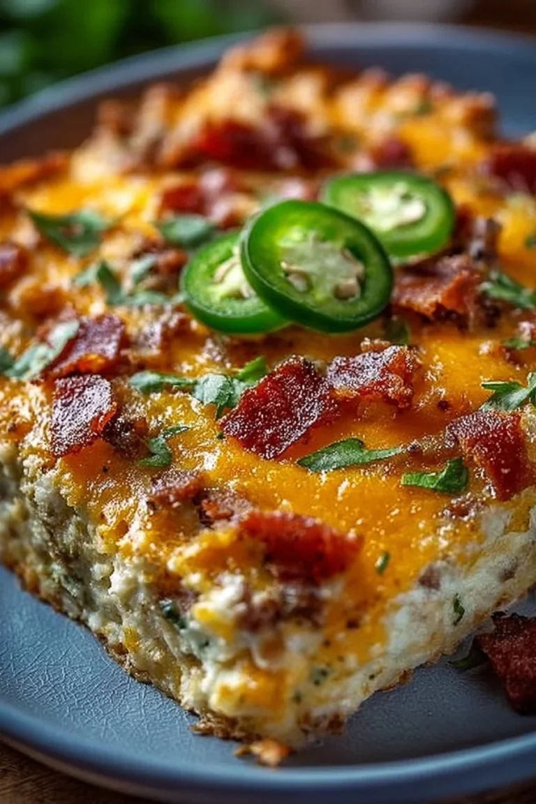 Delicious jalapeño popper casserole topped with cheese and jalapeños