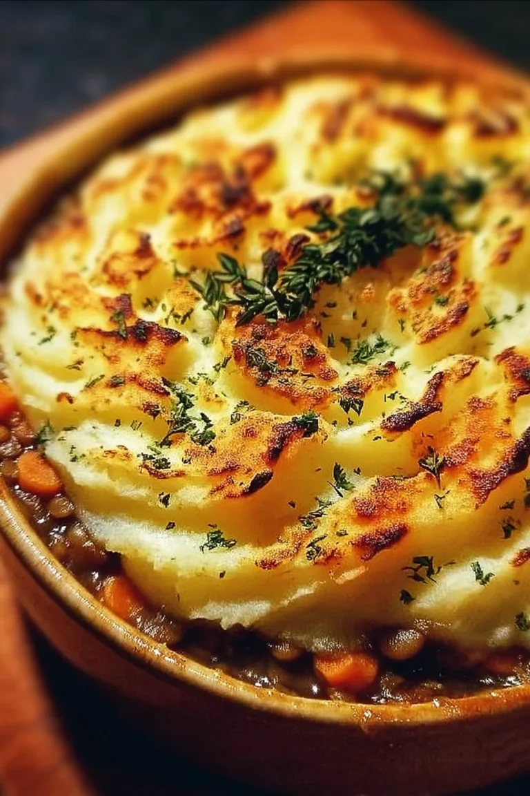 Vegetarian lentil shepherd's pie served in a dish with fresh herbs